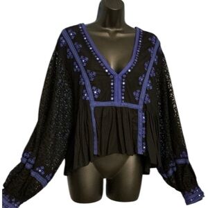 Free People Black and Purple Embroidered Blouse